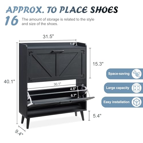 Barnyatoh Shoe Storage Cabinet with 2 Flip Drawers, Farmhouse Hidden Shoe Organizer, Narrow Slim Shoe Rack Cabinet for Entryway Hallway,Black - color: Black