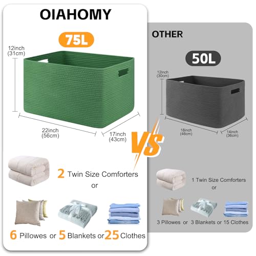 OIAHOMY 75L Large Blanket Basket, Woven Cotton Rope Baskets for Organizing 22”x17”x12”, Blanket Basket living Room, Toy Storage Bins for Nursery, Green - color: Green, size: 22”x17”x12”