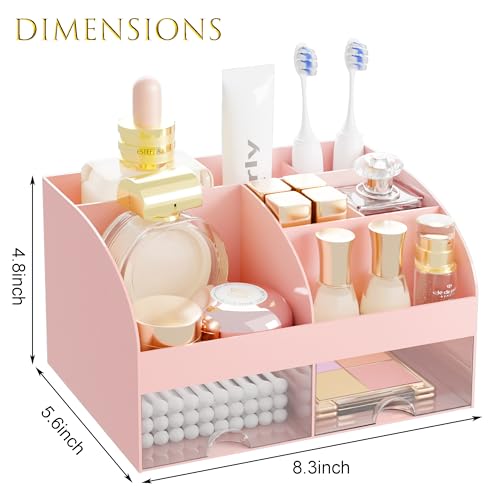 Makeup Organizer with 2 Drawers, Cosmetic Storage for Dresser Vanity and Bathroom Countertop,Make up organization and Skincare Storage with Beauty Brush Holder, Cosmetic Display Case (Pink) - color: Pink