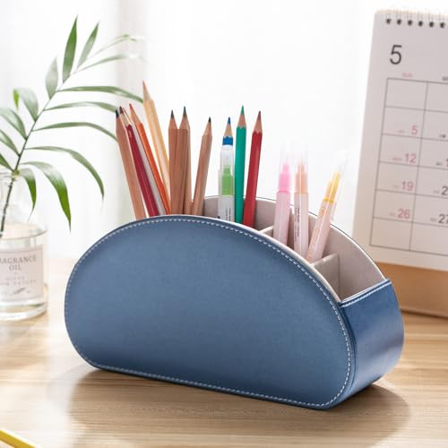 Remote Control Holders Organizer Box with 5 Compartment PU Leather Multi-functional Office Desk Storage Caddy Store Tv Remote for Media Player,Brush,Pencil,Glassees&Office Supplies (Champagne Blue) - color: Champagne Blue, size: S