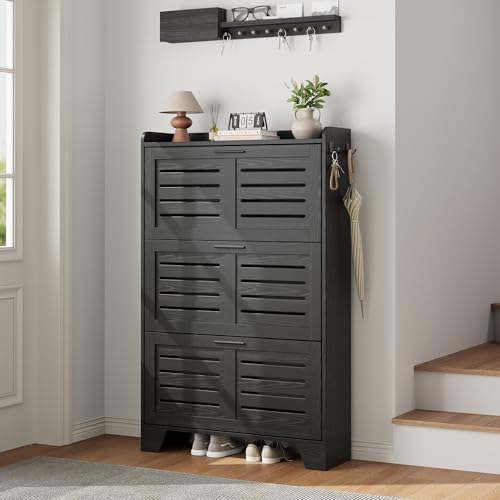 Garvee Shoe Storage Cabinet with 3 Flip Drawers, Freestanding Shoe Organizer Storage for Entryway with 2 Side Hooks, Farmhouse Hidden Slim Narrow Shoe Rack Cabinet, Black - color: Black, size: 3-Drawers