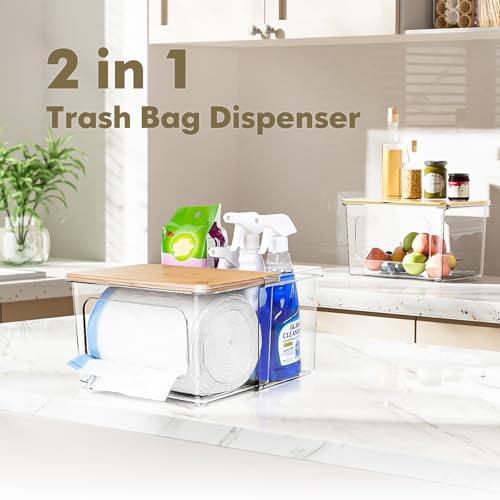 iCASA Trash Bag Dispenser Under Sink Organizer, 2-in-1 Acrylic Trash Bags Holder with Bamboo Lid, Holds Large Rolls up to 100 Count, Garbage Bag Storage Container for Kitchen, Pantry, Laundry Room - size: 2 in 1
