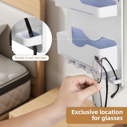 Bedside Wall Shelf with Glasses Hooks ，Adhesive Bedside Organizer Wall Mount for Dorm and Room Accessories Phone，Remote，Earphone， Kindle (White) - color: White