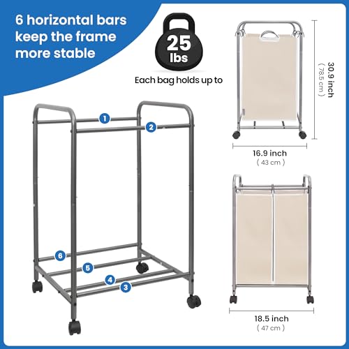 STORAGE MANIAC Laundry Sorter 2 Section, 90 L Gal Laundry Hamper with Wheels, Clothes Basket Separator Sorter, 2 Bag Clothes Cart with Wheels and Removable Bags for Closet, Dorm, Collage, Beige - color: Beige, size: 2 Section