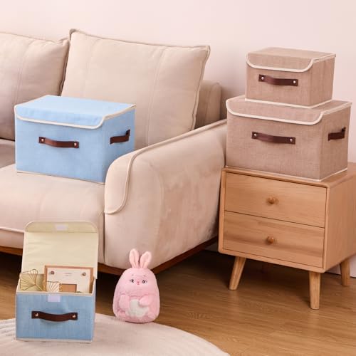 Storage Boxes with Lid Cotton Linen Fabric Storage Bins Organizer Container Decorative Collapsible Washable Shelf Baskets Faux Leather Handles for Home Bedroom Closet (Linen, Small) - color: Linen, size: Small (Set of 1)