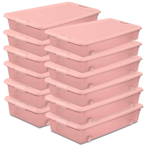 Sterilite 12 Pack Wheeled Under Bed Storage Container, 56 Qt Plastic Bin w/Latching Lid for Organization - Clothes & Shoes Organizer, Pearl Blush Tint - color: Pink, size: 12 Pack