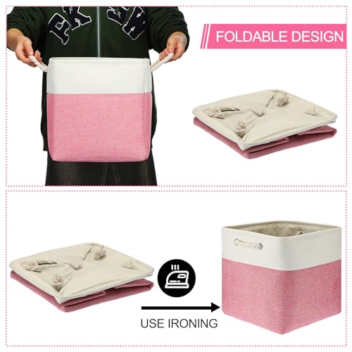 meekoo 8 Pack Collapsible Storage Bins Fabric Storage Bins Polyester Fabric Baskets with Handles Linen Closet Organizer for Shelf Home Closet Towels Toys(12 x 12 x 12 in,Pink White) - color: Pink White, size: 12 x 12 x 12 In