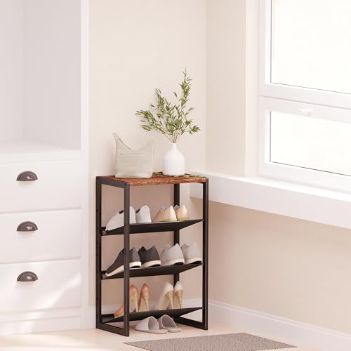 CHEMPFR Narrow 4-Tier Shoe Rack, Slim Space-Saving Shelf with Decorative Wood Top & Steel Mesh, Entryway/Closet/Dorm Organizer, 16.5x11.8x27.9 Inches - size: 4 Tier (16.5″x11.8″x27.9″)