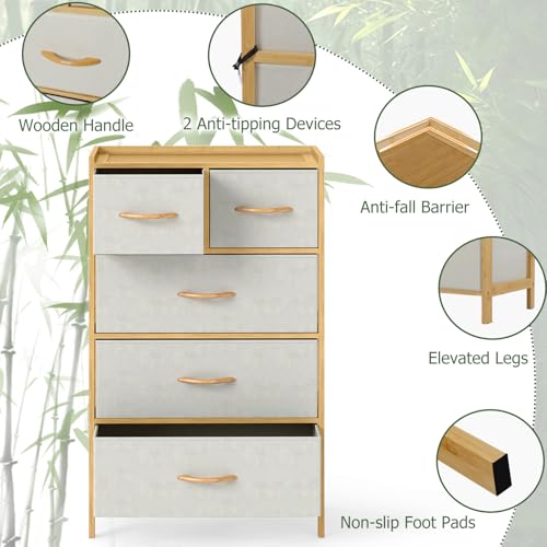 LOKO Fabric Dresser with 5 Drawers, Bamboo Chest of Drawers, Vertical Storage Tower for Small Space, Storage Organizer Unit for Bedroom, Entryway, Living Room, Laundry Room, Closet - size: 12"D x 23"W x 37"H (5 Drawers)