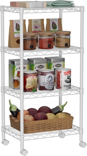 Golpart Small 4 Tier Shelves Storage Wire Shelving Unit Metal Shelf Adjustable Organizers Storage Shelving with Wheels for Bathroom Laundry Room Kitchen Pantry12”D x 18”W x 44.8”H White - color: White, size: 4 shelves (12 "D X 18 "W X 44.8 "H)