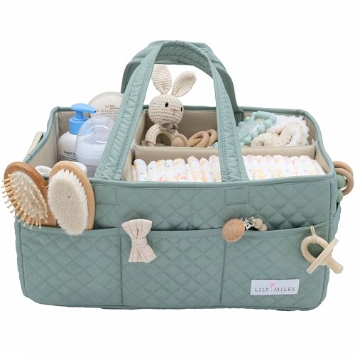 Lily Miles Baby Diaper Caddy Organizer, Quilted Nursery Storage Basket for Newborn Essentials and Diaper Changing Station, Gift for Baby Shower and Registry Must-Have (Willow Green) - color: Willow Green