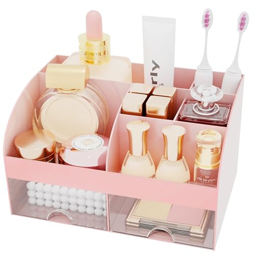 Makeup Organizer with 2 Drawers, Cosmetic Storage for Dresser Vanity and Bathroom Countertop,Make up organization and Skincare Storage with Beauty Brush Holder, Cosmetic Display Case (Pink) - color: Pink