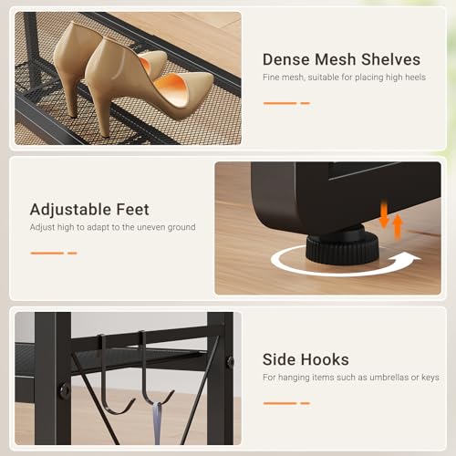 ELYKEN Shoe Rack, 2-Tier Expandable Shoe Organizer for Entryway, Metal Black Shoe Shelf with 4 Hooks, Ajustable Shoe Stand Holder for Closet, Garage, Door Entrance - size: 2-Tier
