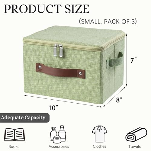 3 Pack Storage Bins with Zipper Lid Fabric Lidded Storage Boxes Baskets Cubes Washable Collapsible PU Leather Handle Cotton Linen Fabric Shelf Closet Organizer Container(Green, Small Size) - color: Green, size: Small ( Set of 3)