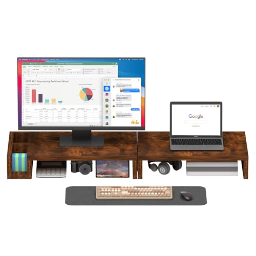 Wood Dual Monitor Stand Riser for Desk, 30" Long Monitor Riser with Pen Holders, Desktop Storage Organizer for 2 Monitors, Computer, Laptop, PC, Printer, TV, Rustic Brown (Dual) - size: Dual