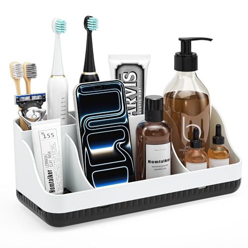 Bathroom Counter Organizer and Storage with 2 Pack Qtip Holder Dispenser, 7 Slots Detachable Toothbrush Holders for Bathrooms, Anti-Slip Electric Toothbrush and Toothpaste Holder Countertop - color: White Black