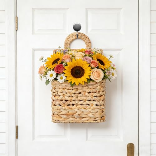 Wicker hanging basket, Water Hyacinth Wall Basket, Rustic Handwoven Hanging Storage Basket with Metal Frame for Farmhouse Home Decor, Garden or Organizing (1-Tier) - size: 1-Tier