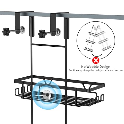 KEGII Shower Organizer Hanging Over the Door, 3 Tier Large Capacity Shower Caddy with 2 Soap Holders & Razor Holders, 18 Hooks & 4-in-1 Dual Hooks, Adjustable Rustproof Bathroom Rack, Black