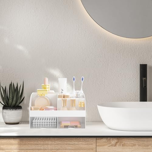Makeup Organizer with 2 Drawers, Cosmetic Storage for Dresser Vanity and Bathroom Countertop,Make up organization and Skincare Storage with Beauty Brush Holder, Cosmetic Display Case 2Pcs White - color: 2Pcs White