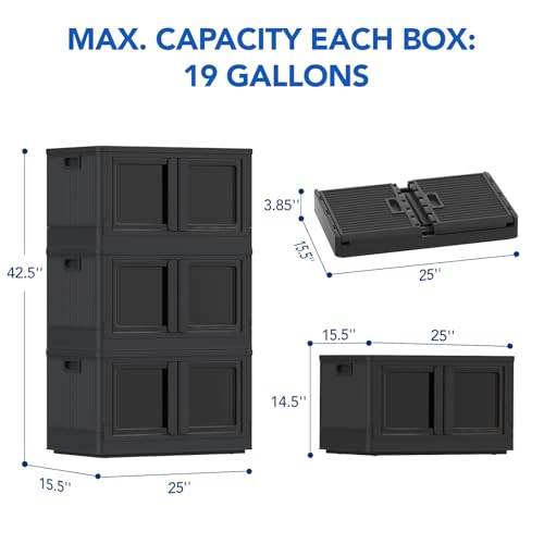 FLEXIMOUNTS 228 QT Stackable Storage Bins With Lids, Collapsible Plastic Storage Bins With Doors and Built-in Wheels For Home Dorm Closet Organizers and Storage, 3 Pack Cubes, Black - color: Black, size: 76 Qt-3 Pack