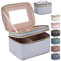 HXLGMD Large Makeup Bag with Mirror Double Layer Travel Make Up Organizer Case, Large Capacity Coemetic with Brush Slot Divider, Travel Toiletry Bag for Women (Grey) - color: Grey