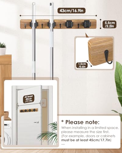 AceMining Broom Holder Wall Mounted, 2 Pack 4 Holders and 4 Hooks Mop Holder, Wooden Mop and Broom Holder with Anti slip rubber, Natural pine wood Brush Holder, Mop Wall Holde with Nail installation - color: Brown, size: 2 Pack