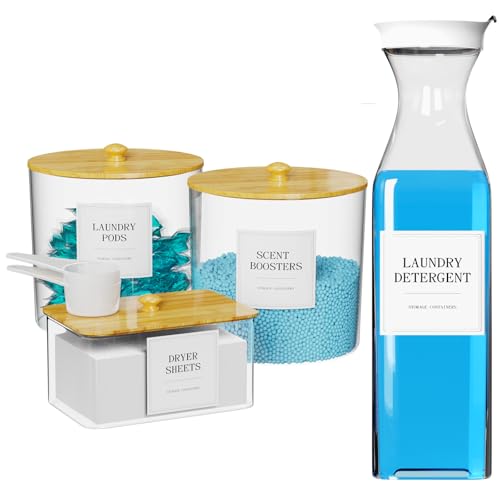 3+1 Pack Laundry Pods Containers & Dryer Sheet Holder & Laundry Detergent Dispenser, Laundry Room Organization and Storage Jars with Lids, Labels and Scoops for Scent Booster, Powder, Pods - color: Wood