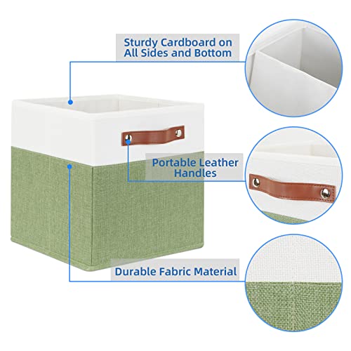 Temary Fabric Storage Bin 11x11 Cube Storage Bins for Home, 4 Pack Fabric Organizer Bins Cube Organizer Bins with Leather Handles Decorative Storage Bins for Shelf (White&Green) - color: White&Green, size: 11×11×11