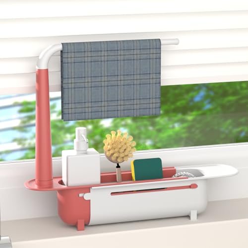 Telescopic Sink Storage Rack with 2 Sponge - Sink Caddy Sponge Holder for kitchen sink(Pink) - color: Pink