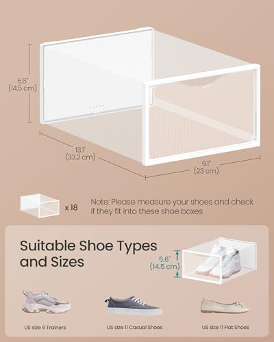 SONGMICS Shoe Boxes, Shoe Storage Organizers Rack for Closet, Plastic Stackable Sneaker Containers Case, 18 Pack, Transparent and Cloud White ULSP318W01 - color: Transparent + Cloud White, size: 18 Count Fit Size 11