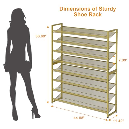 Large Shoe Rack 8 Tier Shoe Organizer, Heavy Duty Metal 4-Tier Stackable Shoe Storage Vertical Shoe Rack for Closet Front Door Entrance, Up to 50 Pairs, 44.8" W x 11.4" D x 56.7" H, Gold - color: Gold, size: 8 Tier