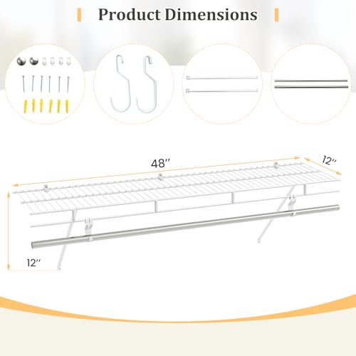 Giantex Closet Shelf with Hanging Rod, 4 ft Wall Mounted Wire Shelving Kit with Storage Shelf & Clothes Rod, Ventilated Metal Wall Shelf Organizer for Laundry Room, Closet, Bedroom, White - size: 4 ft
