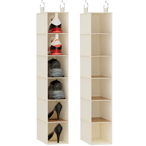 VERONLY Hanging Closet Shelf Shoe Organizer Set of 2 with Woven Bamboo Shelves,11.5 x 31.5 x 5.5 in, 6-Tier Design for Space-Saving Storage,Beige - style: Beige 2-Piece Narrow Hanging Set