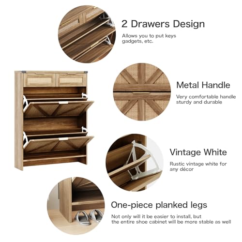 Halitaa Shoe Cabinet with 2 Flip Drawers & 2 Drawers,Farmhouse Shoe Storage Cabinet for Entryway,Slim Freestanding Narrow Organizer Rack for Front Door Entrance,Rustic Oak Rattan - color: Rustic Oak Rattan, style: 2-Drawers