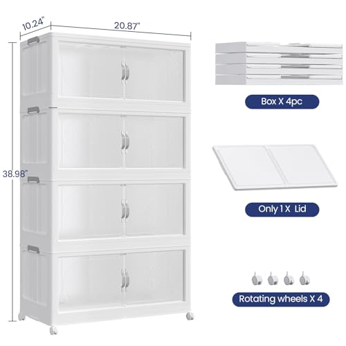 240QT Extra Large Stackable Storage Bins with Lid, 60Gal Plastic Closet Organizers and Storage Drawer, Collapsible Cabinet Box with Wheels Clear Doors for Home Kitchen Office, 4Pack White - size: 60QT, style: 4Pack