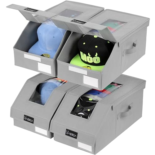 VAESIDA Hat Organizer for Baseball Caps, 4 Pack Hat Storage Box, Holds up to 56 Caps, Baseball Cap Organizer for Closet/Shelf, Hats Box Holder | Stackable, Foldable, Easy-Access, Clear Lid, Grey - color: Grey