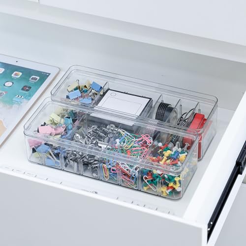 2 Pack Cable Organizer Box with Lid, Plastic Cord Storage Organizer with 8 Adjustable Compartments for Home Office Desk Drawer, Clear Phone Charger Bins - size: 2 Pack
