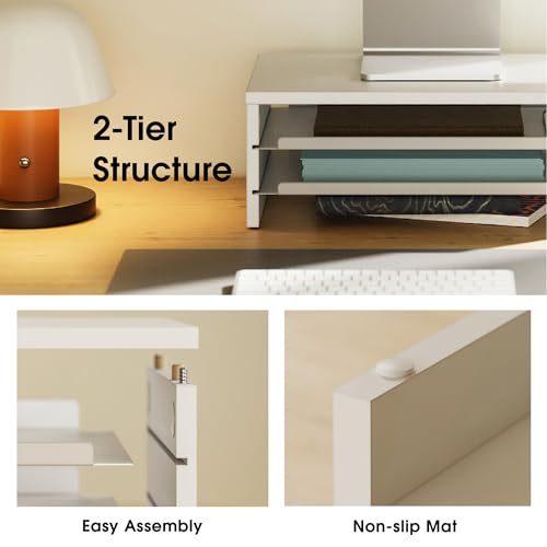 Fenge Monitor Stand, 3-Tier Monitor Riser with Slide-Out Tray, Wooden and Metal Desktop Organizer for Home Office, Computer, Laptop, Printer, Telephone - color: White