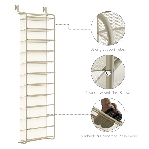 Whitmor 36 Pair Over The Door Shoe Organizer, 12 Tier Hanging Shoe Organizer, Heavy Duty Metal & Mesh Shoe Holder, Hanging Shoe Rack for Closet Organizer & Storage, 69"L x 21.7"W x 7.5"H, Oat - color: Oat, size: Shoe Rack