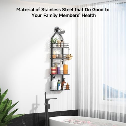 Shower Caddy Hanging (Black), Adjustable Anti-Swing-Over The Shower Head Caddy, 4 Tier Height Bathroom Storage Organizer Bathroom Shelves Basket Rack Shower Caddies (4Tier) - color: black, size: 4tiers