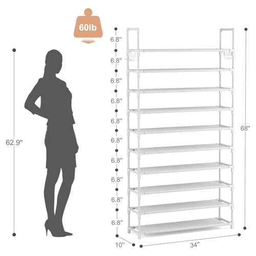 VTRIN 10 Tiers Shoe Rack Tall Large Capacity Wide Shoe Organizer Sturdy Shoe Shelf for Entryway with Two Hooks Metal Shoe Storage for Closet, Bedroom, White - color: White, size: 32.3" Wide - 10 Tier
