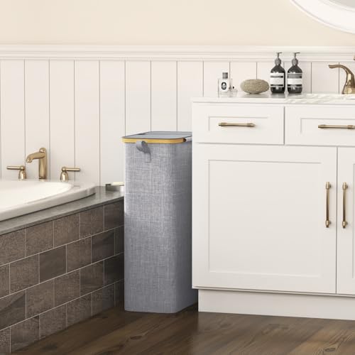 Lifewit 75L Slim Laundry Hamper with Lid, Narrow Laundry Basket with Removable Bag & Bamboo Handles, Fodable Thin Dirty Clothes Hamper for Laundry Collapsible Bin for Bathroom Bedroom Dorm, Gray - color: Gray, size: 75L