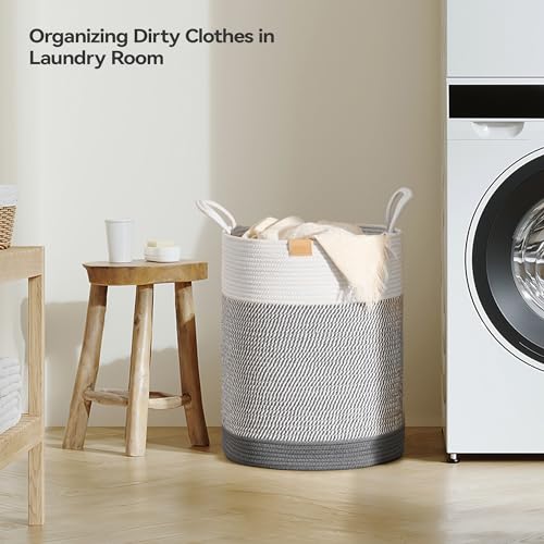 Nunsino Laundry Hamper 62L,Large Laundry Basket for Clothes,Decorative Storage Basket for Blankets,Cotton Rope Woven basket for bedroom,Grey White - color: Grey&White, size: 62L/16.3Gal
