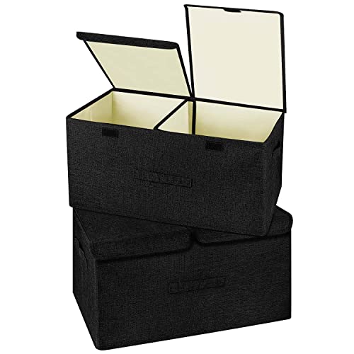 2 Pack Large Linen Fabric Collapsible Storage Bins with Lid and Handles, Washable Storage Box Baskets Cube with Removable Divider for Bedroom,Closet,Office,Living Room,Nursery (Black, Large) - color: Black, size: Large