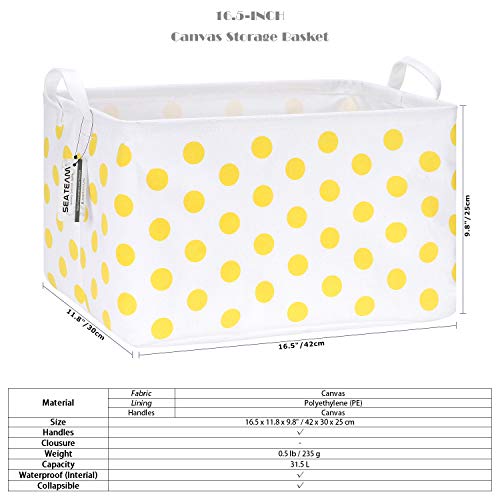 Sea Team Collapsible Canvas Fabric Storage Basket with Handles, Rectangle Waterproof Storage Bin, Box, Cube, Foldable Shelf Basket, Closet Organizer, 16.5 x 11.8 x 9.8 Inches, Yellow Dot - color: Dot/Yellow, size: 16.5 Inch (Pack of 1)
