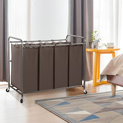 STO STO Laundry Sorter 4 Section, 4 Bag Clothes Hamper, Rolling Laundry Cart Basket with Heavy Duty Lockable Wheels and Removable Bag for Laundry Room, Bedroom, Closet, Brown - color: Brown, size: 4-Section