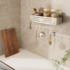 Onemake Aluminum Shower Caddy Suction Cup, No Drilling Bathroom Shower Shelf, Corner Shower Caddy with 6 Portable Hooks, Removable Bath Organizer with Towel Bar for Bathroom Storage(Cream White) - style: 1 Tier-Ivory White Square Caddy