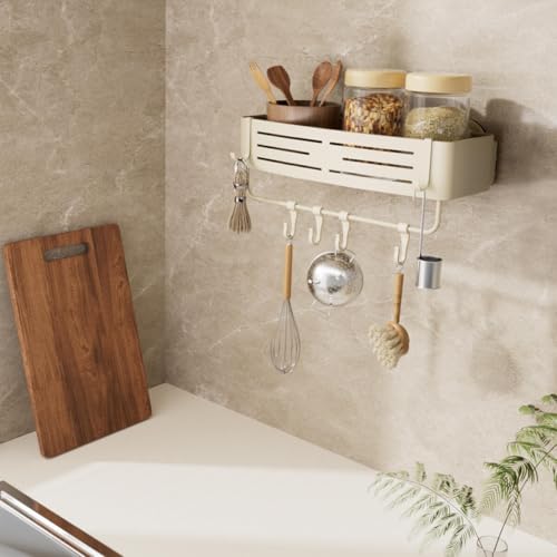 Onemake Aluminum Shower Caddy Suction Cup, No Drilling Bathroom Shower Shelf, Corner Shower Caddy with 6 Portable Hooks, Removable Bath Organizer with Towel Bar for Bathroom Storage(Cream White) - style: 1 Tier-Ivory White Square Caddy