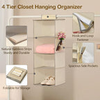 Hanging Closet Organizer 4 Tier Hanging Storage with Side Pocket, Foldable Hanging Shelves for Clothes, Laundry Room & RV Use
