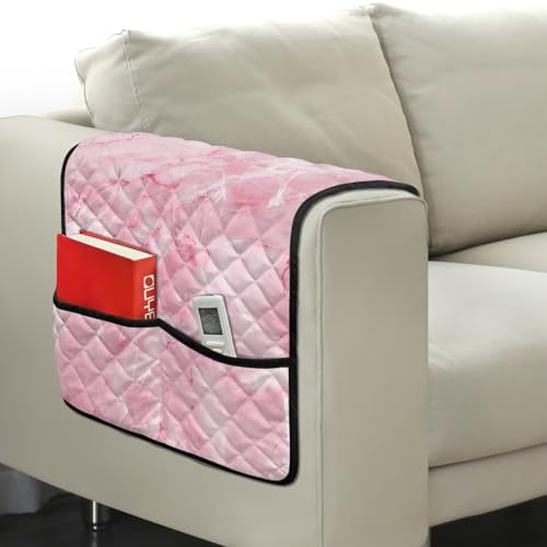 Pink Marble Print Sofa Armrest Slipcovers, Non-Slip Diamond Pattern Furniture Protector, Arm Covers for Recliner with Side Storage Pocket for Magazine, Tablet, Phone, iPad - color: Pink Marble